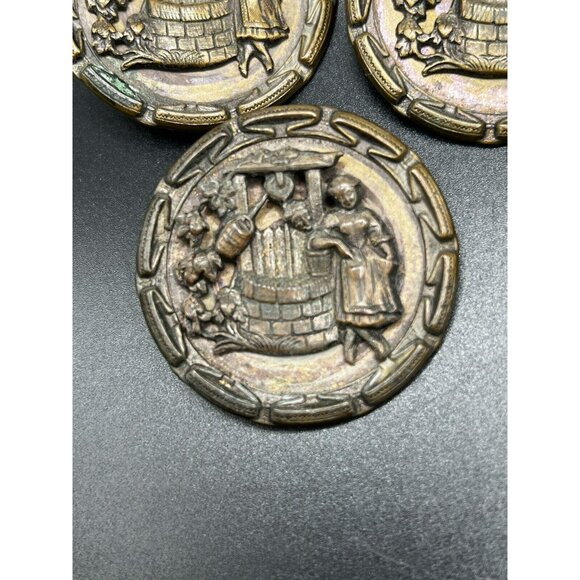 Antique Brass Button "The Wishing Well" 2-Part Rotating Large Metal Set of 5 - Picture 5 of 13